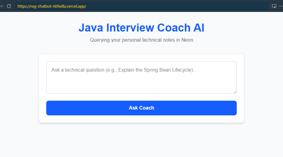 Java Interview Coach AI — a clean interface with a blue header, a textarea for questions, and a blue answer card below